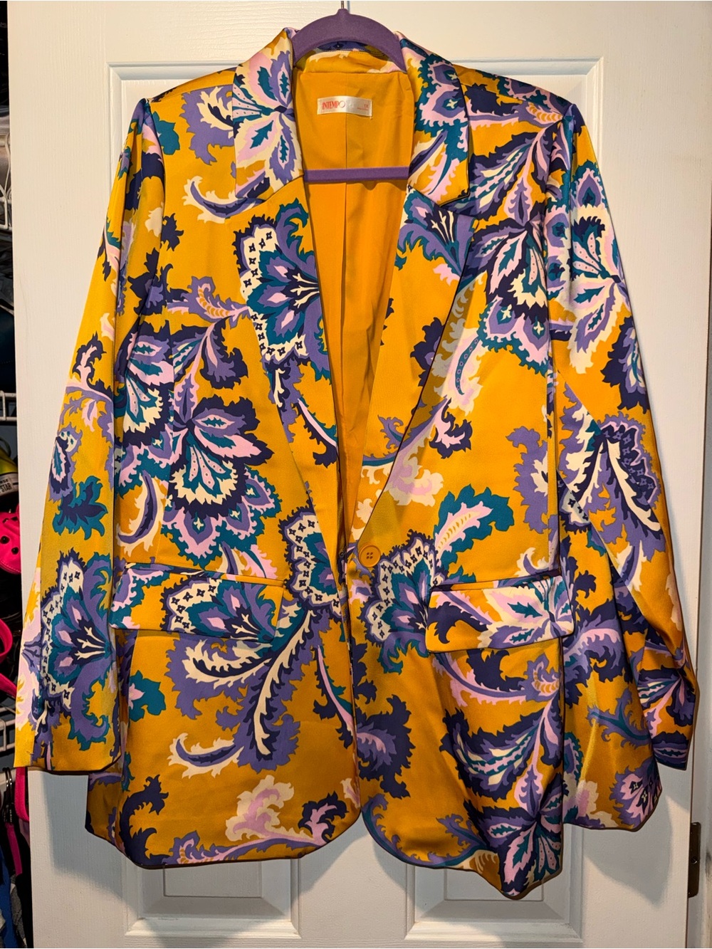 Women’s Floral Print Satin Blazer - Yellow / Purple